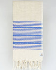 Folded blue colour with multiple stripes on a plain beige colour.