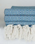 Close-up side image of petrol colour blanket with knotted fringe style.