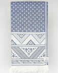 Folded double-sided a denim colour towel with jacquard patterns.