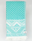Folded double-sided a mint colour towel with jacquard patterns.