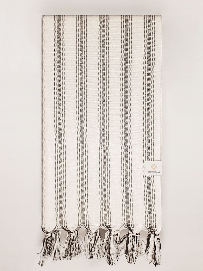 Peshtemall Striped Cotton Towel Folded towel with vertical black & white stripes colours.