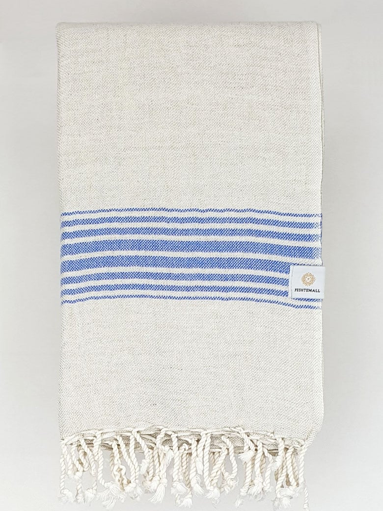 Folded beige linen scarf with a cotton blend and blue colour stripes.