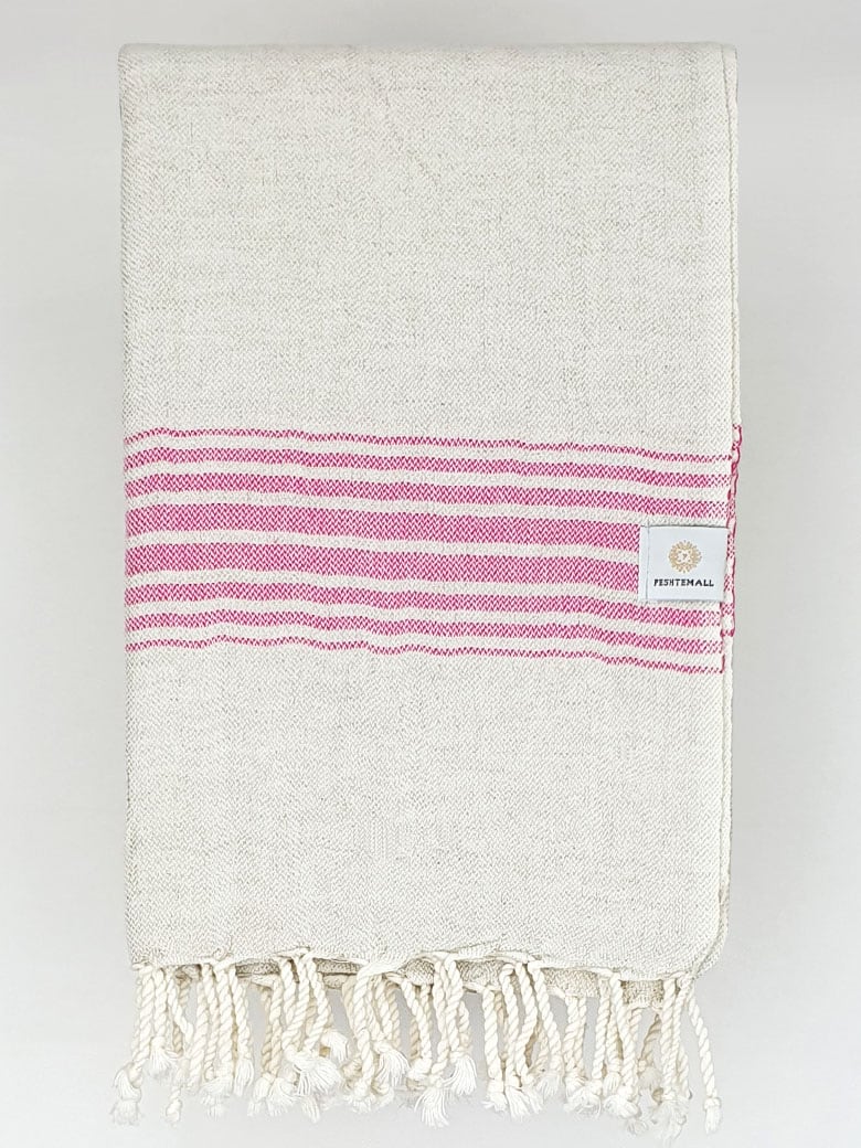 Folded beige linen scarf with a cotton blend and pink colour stripes.