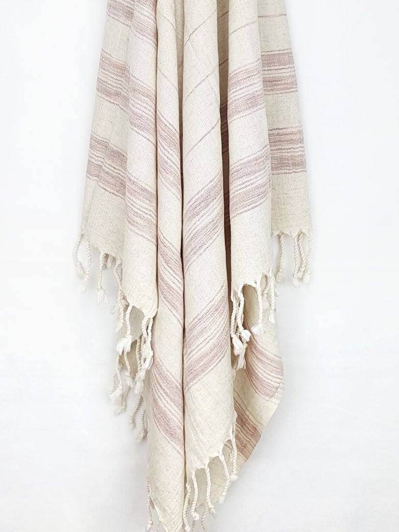 Scarf with linen & cotton blend in brown colour with knotted fringe hanging.