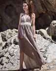 Long brown 100% cotton sundress women's summer dress with v-neck and beige knitted detail.
