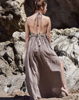 Back image of long brown 100% cotton sundress women's summer dress with a low back.