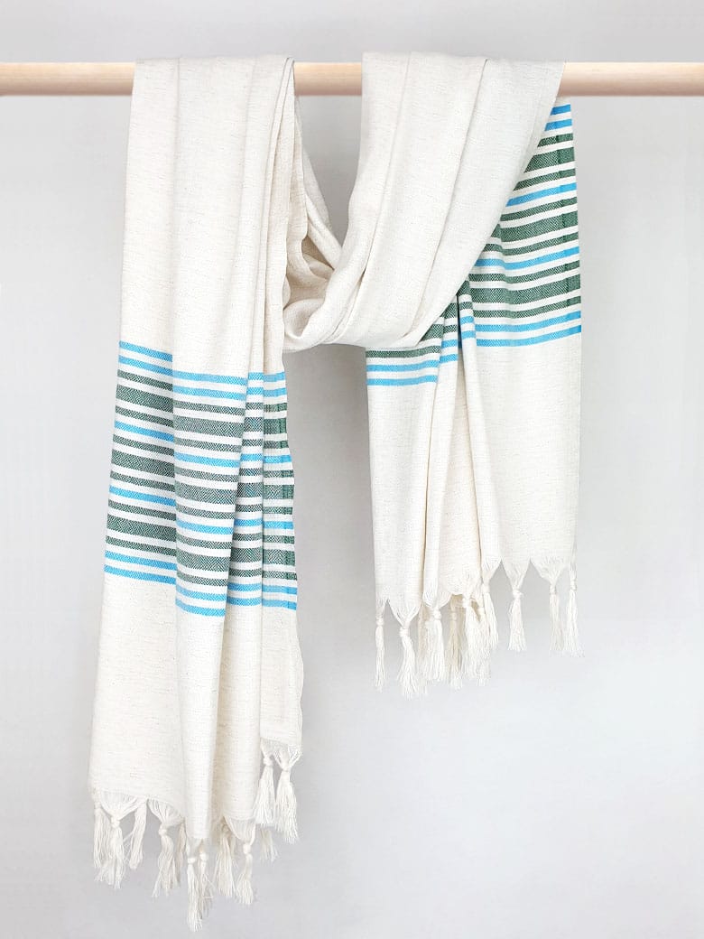 Cotton & linen towel with green stripes & knotted fringe and hand-twisted style on the stick.