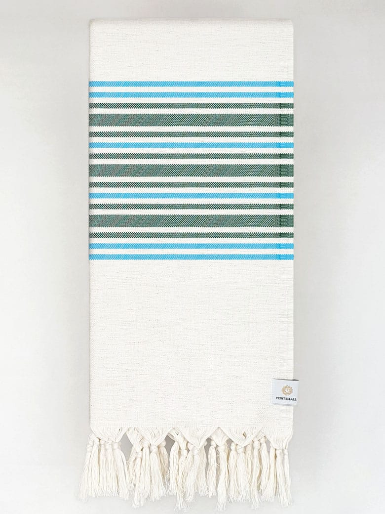 Folded cotton &amp; linen towel with green stripes colour.