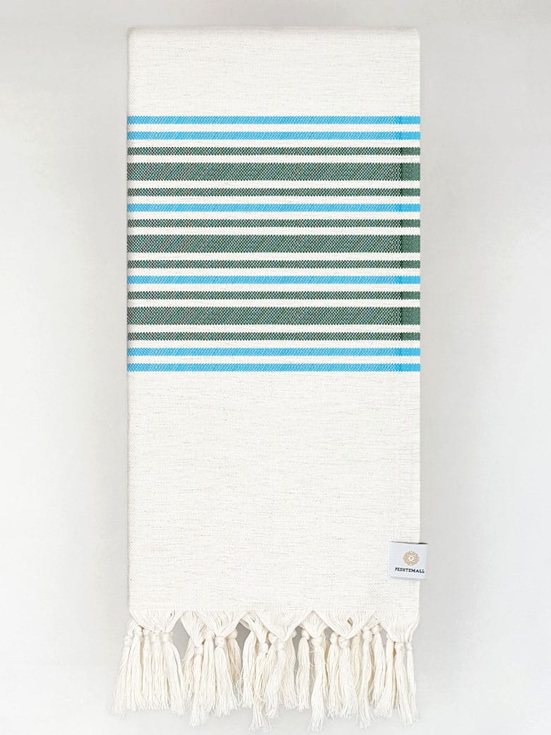 Folded cotton & linen towel with green stripes colour.