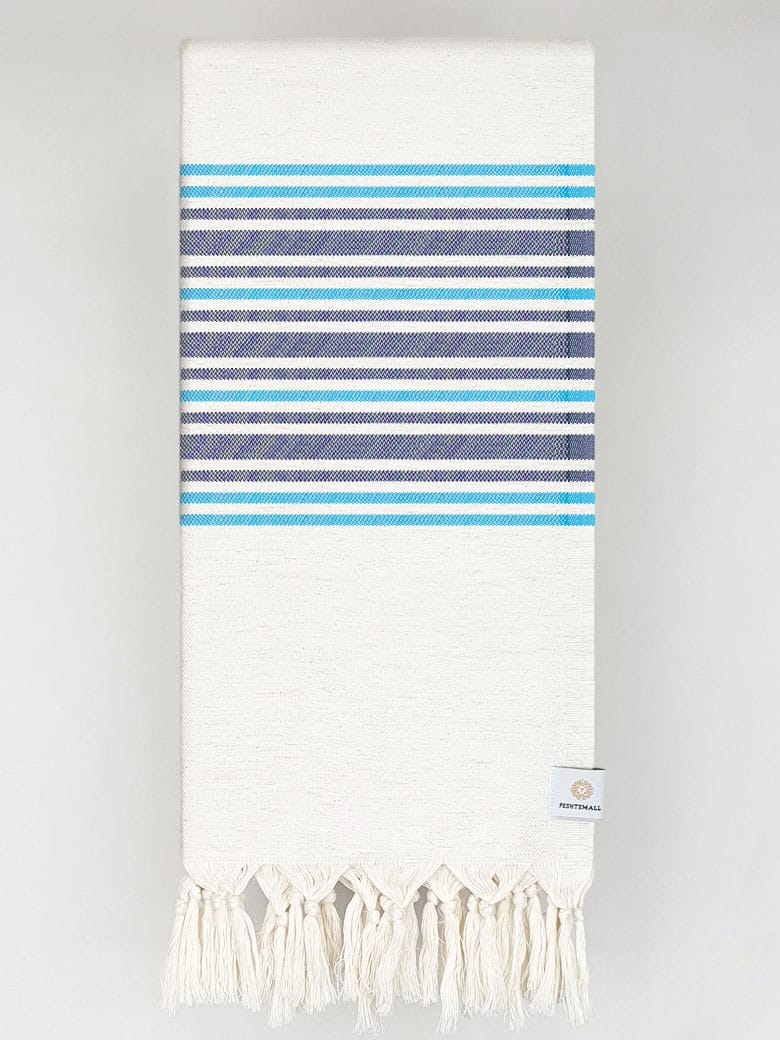 Folded cotton &amp; linen towel with navy stripes colour.