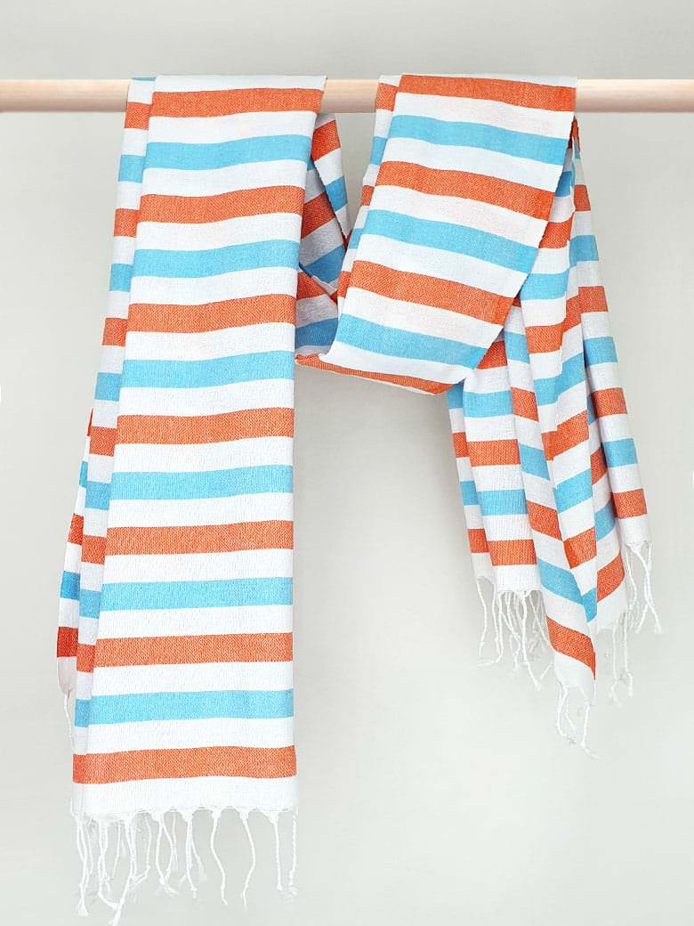 Towel with orange & blue horizontal stripes and hand-twisted & knotted fringe with hand-twisted style on the stick.