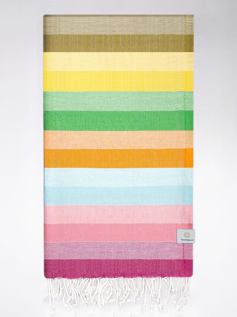Folded towel with thick colourful stripes and hand-twisted &amp; knotted fringe.