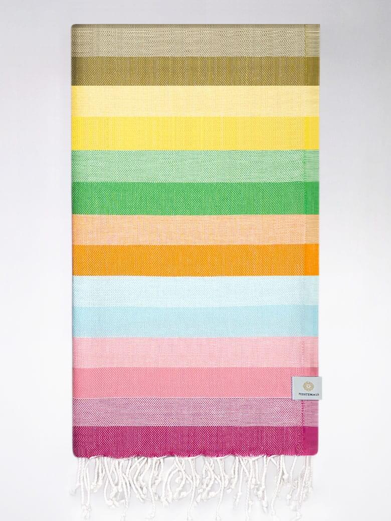 Folded towel with thick colourful stripes and hand-twisted & knotted fringe.